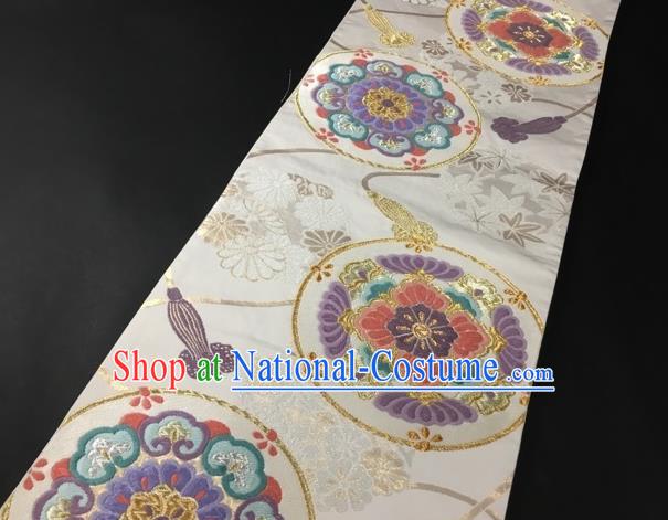 Japanese Traditional Classical Chrysanthemum Pattern White Waistband Kimono Brocade Accessories Asian Japan Yukata Belt for Women