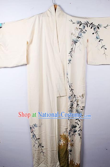 Asian Japanese Palace Jasmine Pattern Beige Furisode Kimono Traditional Japan Yukata Dress for Women