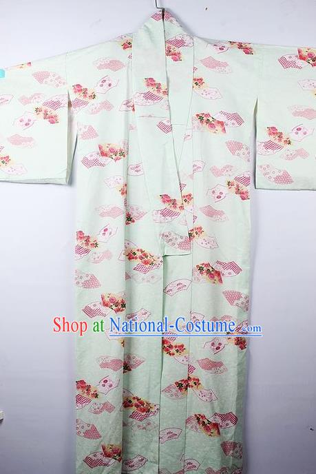 Asian Japanese Palace Fan Pattern Light Green Furisode Kimono Traditional Japan Yukata Dress for Women