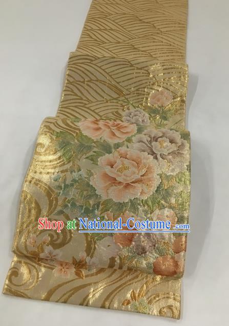 Japanese Traditional Classical Peony Pattern Golden Waistband Kimono Brocade Accessories Asian Japan Yukata Belt for Women