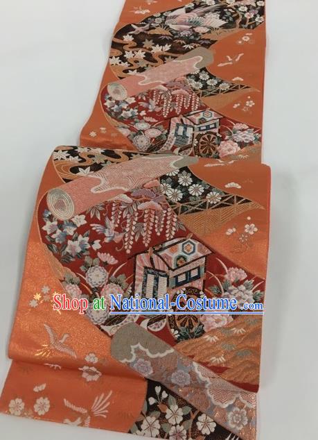 Japanese Traditional Classical Phoenix Pattern Orange Waistband Kimono Brocade Accessories Asian Japan Yukata Belt for Women