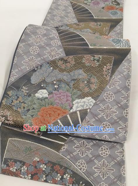 Japanese Traditional Classical Peony Pattern Grey Waistband Kimono Brocade Accessories Asian Japan Yukata Belt for Women