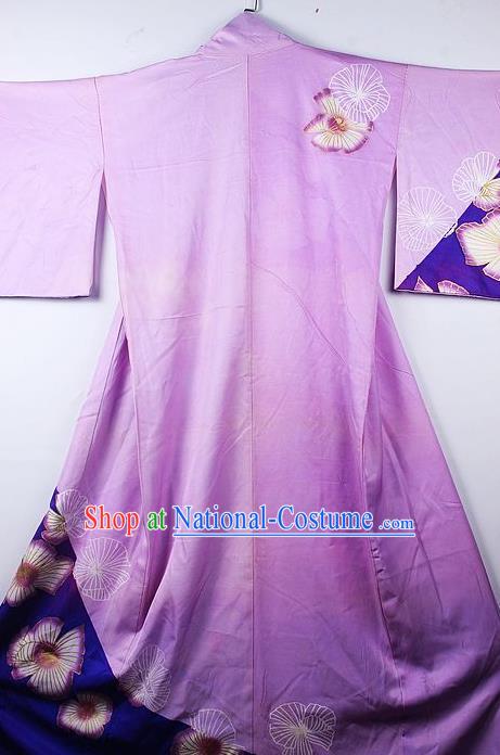 Asian Japanese Palace Phalaenopsis Pattern Purple Furisode Kimono Traditional Japan Yukata Dress for Women