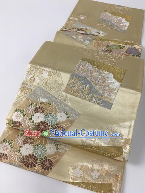 Japanese Traditional Classical Cornflowers Pattern Khaki Waistband Kimono Brocade Accessories Asian Japan Yukata Belt for Women