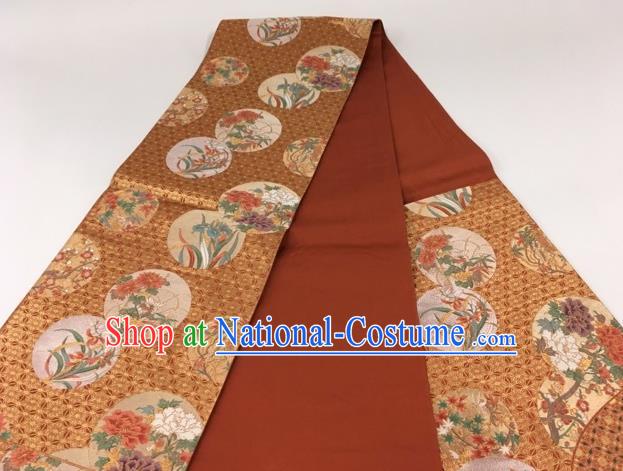 Japanese Traditional Classical Orchid Pattern Rust Red Waistband Kimono Brocade Accessories Asian Japan Yukata Belt for Women