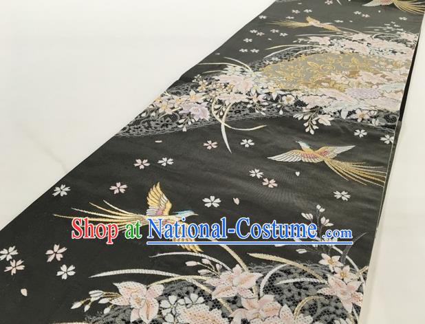 Japanese Traditional Classical Phoenix Orchid Pattern Black Waistband Kimono Brocade Accessories Asian Japan Yukata Belt for Women