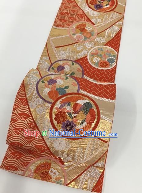 Japanese Traditional Classical Peony Pattern Red Waistband Kimono Brocade Accessories Asian Japan Yukata Belt for Women