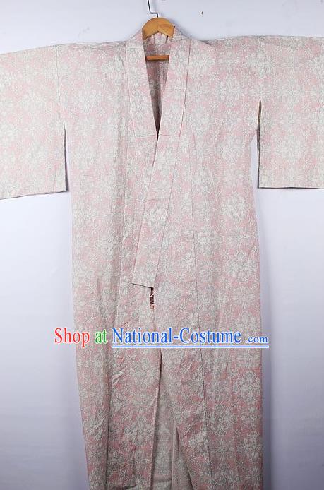 Asian Japanese Palace Pattern Light Pink Furisode Kimono Traditional Japan Yukata Dress for Women