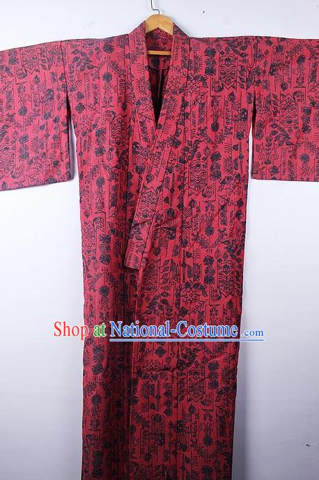 Asian Japanese Palace Pattern Rosy Furisode Kimono Traditional Japan Yukata Dress for Women