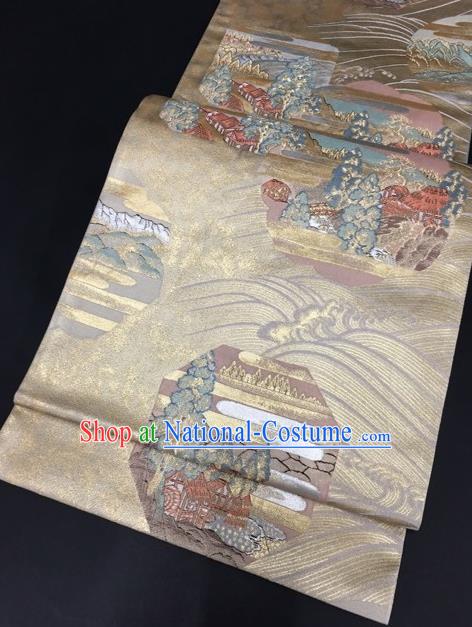 Japanese Traditional Classical Pattern Champagne Waistband Kimono Brocade Accessories Asian Japan Yukata Belt for Women