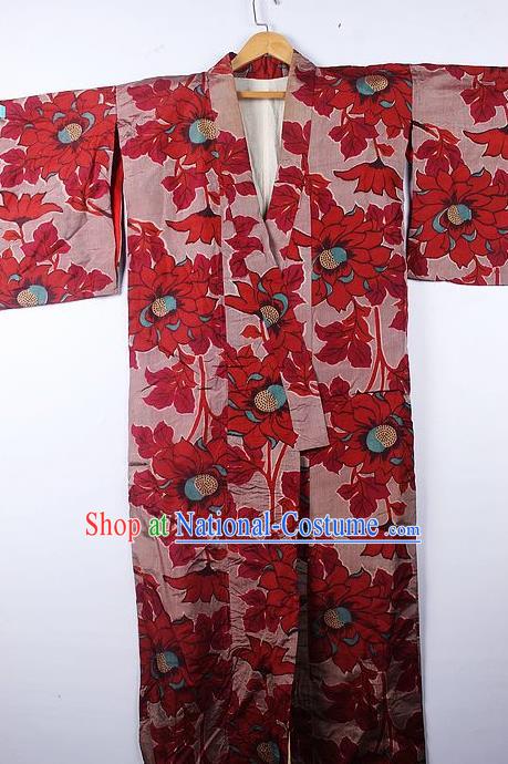 Asian Japanese Palace Red Camellia Pattern Furisode Kimono Traditional Japan Yukata Dress for Women