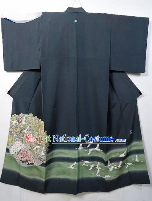 Asian Japanese Samurai Classical Hydrangea Crane Pattern Grey Yukata Robe Traditional Japan Kimono Costume for Men