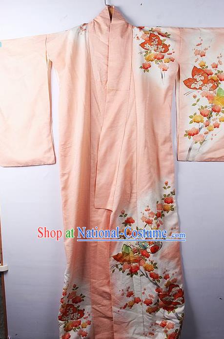 Asian Japanese Palace Classical Plum Chrysanthemum Pattern Pink Furisode Kimono Traditional Japan Yukata Dress for Women