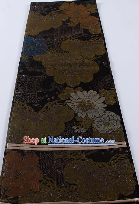 Japanese Classical Chrysanthemum Pattern Black Brocade Waistband Kimono Accessories Asian Traditional Yukata Belt for Women