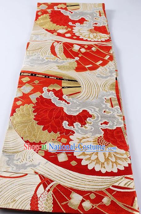 Japanese Classical Chrysanthemum Pattern Red Waistband Kimono Accessories Asian Traditional Yukata Brocade Belt for Women