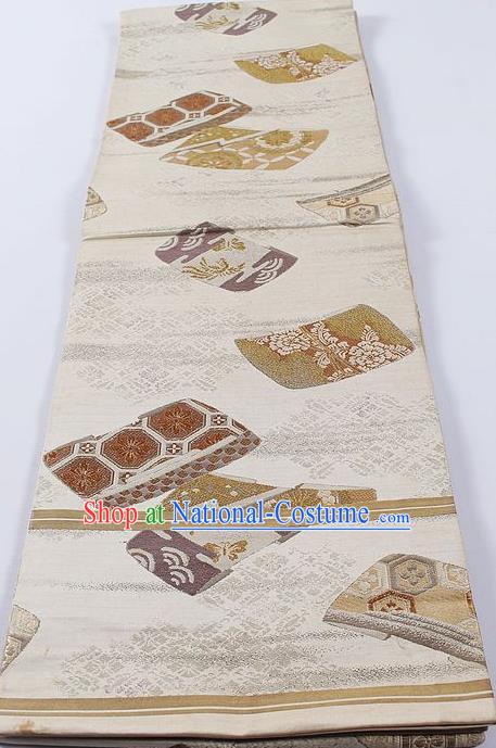 Japanese Classical Drum Pattern White Waistband Kimono Accessories Asian Traditional Yukata Brocade Belt for Women