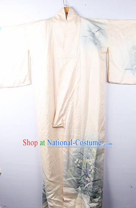 Asian Japanese Palace Classical Orchid Pattern Beige Furisode Kimono Traditional Japan Yukata Dress for Women