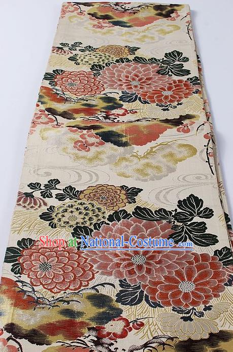 Japanese Classical Chrysanthemum Pattern Beige Waistband Kimono Accessories Asian Traditional Yukata Brocade Belt for Women