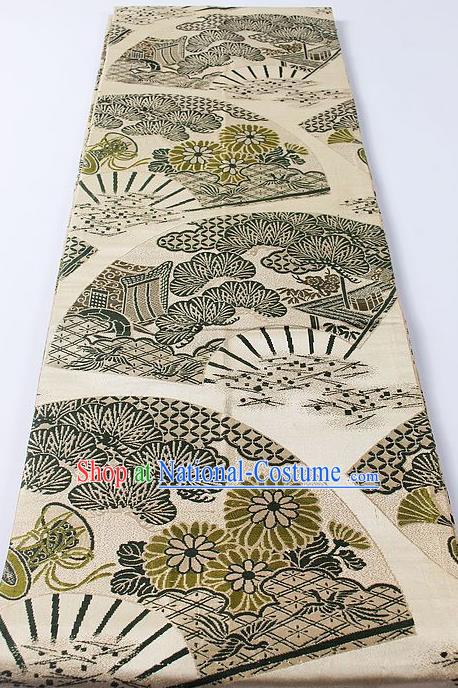 Japanese Classical Pine Chrysanthemum Pattern Beige Waistband Kimono Accessories Asian Traditional Yukata Brocade Belt for Women