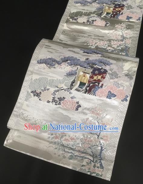 Japanese Traditional Classical Peony Pattern White Waistband Kimono Brocade Accessories Asian Japan Yukata Belt for Women