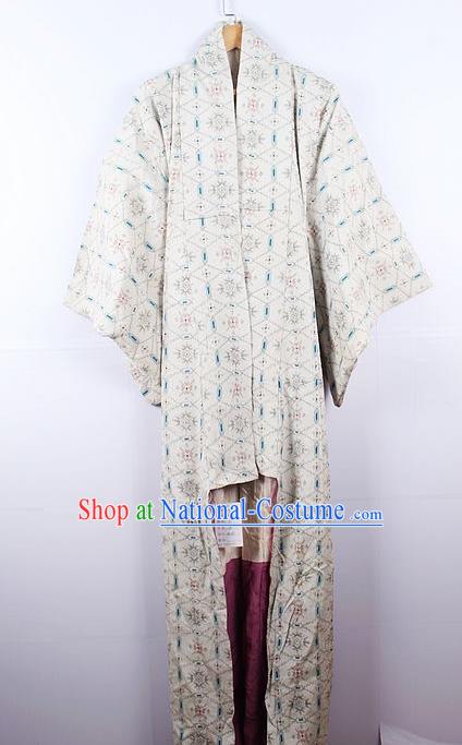 Asian Japanese Yamato Classical Pattern Beige Yukata Robe Traditional Japan Samurai Kimono Costume for Men