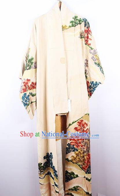 Asian Japanese Ceremony Printing Beige Kimono Dress Traditional Japan Yukata Costume for Women