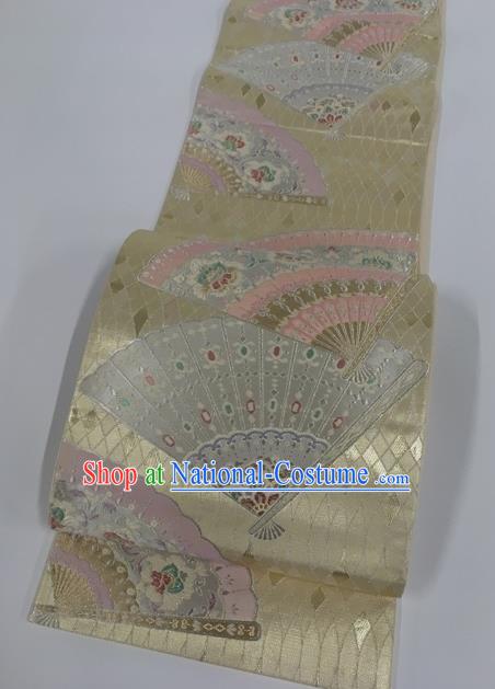 Japanese Traditional Classical Fan Pattern Light Golden Waistband Kimono Brocade Accessories Asian Japan Yukata Belt for Women