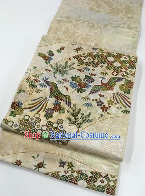 Japanese Traditional Classical Phoenix Pattern Beige Kimono Brocade Accessories Asian Japan Yukata Belt for Women