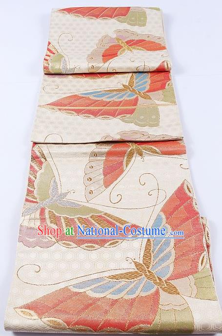 Japanese Traditional Classical Butterfly Pattern Beige Kimono Brocade Accessories Asian Japan Yukata Belt for Women