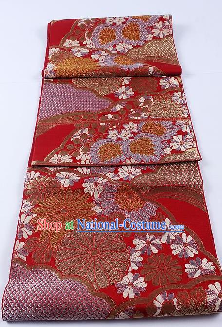 Japanese Traditional Classical Cornflower Pattern Red Kimono Brocade Accessories Asian Japan Yukata Belt for Women