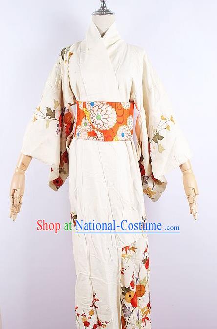 Asian Japanese Ceremony Printing Chrysanthemum Beige Kimono Dress Traditional Japan Yukata Costume for Women