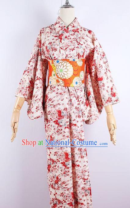 Asian Japanese Ceremony Printing Red Maple Leaf Kimono Dress Traditional Japan Yukata Costume for Women