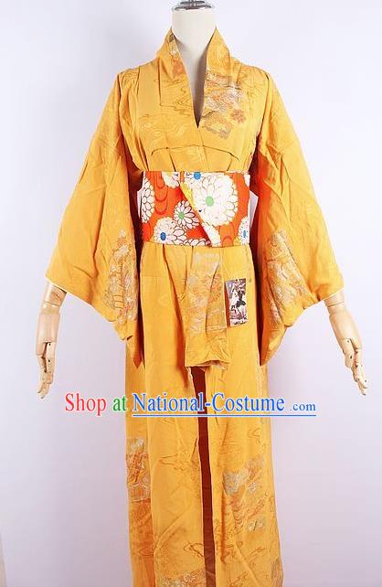 Asian Japanese Ceremony Printing Dragon Boat Yellow Kimono Dress Traditional Japan Yukata Costume for Women