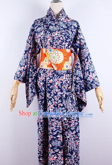 Asian Japanese Ceremony Printing Royalblue Kimono Dress Traditional Japan Yukata Costume for Women