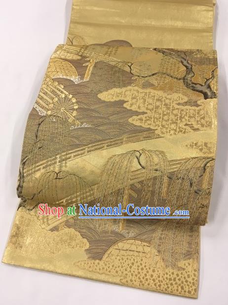 Japanese Traditional Classical Willow Pattern Golden Kimono Brocade Accessories Asian Japan Yukata Belt for Women