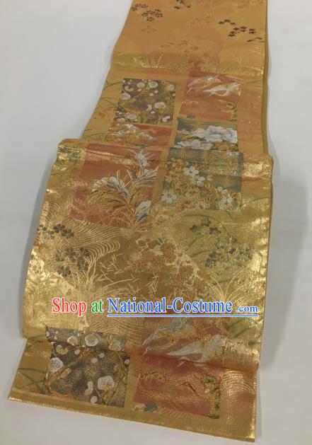 Japanese Traditional Classical Orchid Pattern Golden Waistband Kimono Brocade Accessories Asian Japan Yukata Belt for Women