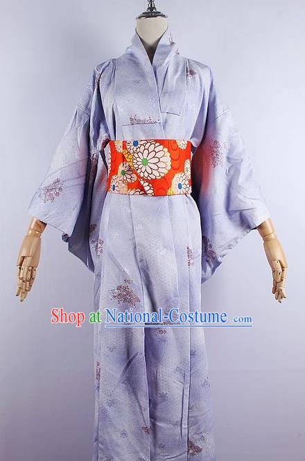 Asian Japanese Ceremony Printing Sakura Light Purple Kimono Dress Traditional Japan Yukata Costume for Women