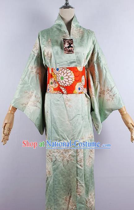 Japanese Ceremony Costume Printing Green Silk Kimono Dress Traditional Asian Japan Yukata for Women