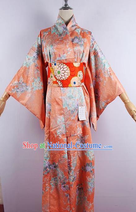 Japanese Ceremony Costume Printing Orange Silk Kimono Dress Traditional Asian Japan Yukata for Women