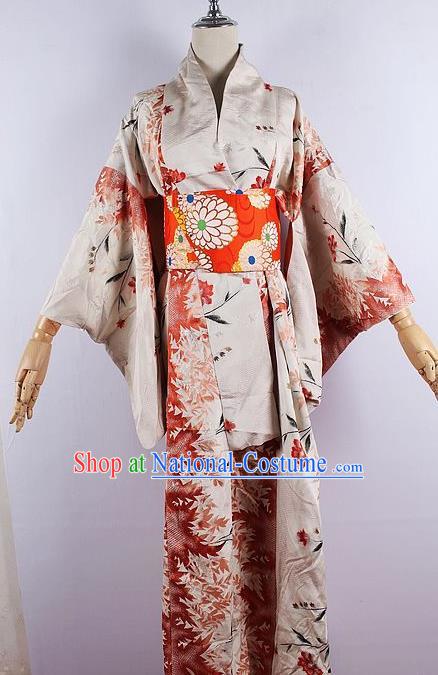 Japanese Ceremony Costume Printing Khaki Silk Kimono Dress Traditional Asian Japan Yukata for Women