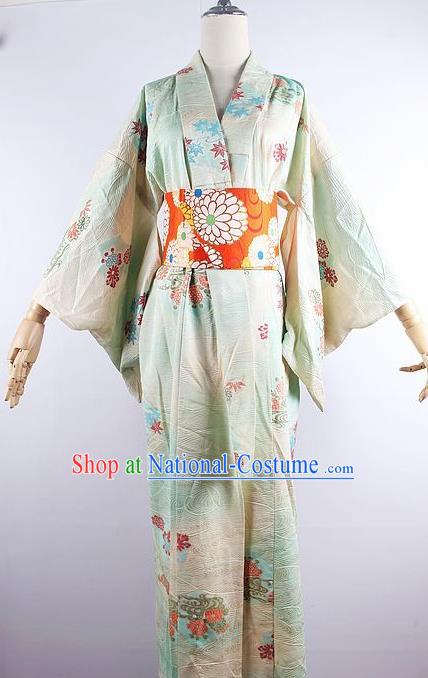 Japanese Ceremony Costume Printing Maple Leaf Green Silk Kimono Dress Traditional Asian Japan Yukata for Women