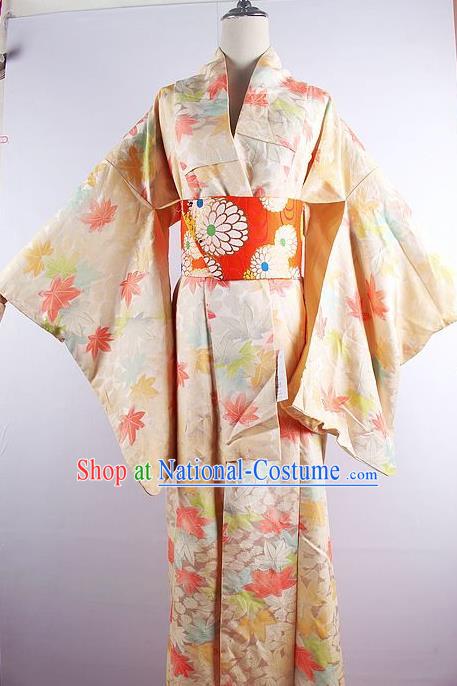 Japanese Ceremony Costume Printing Maple Leaf Silk Kimono Dress Traditional Asian Japan Yukata for Women