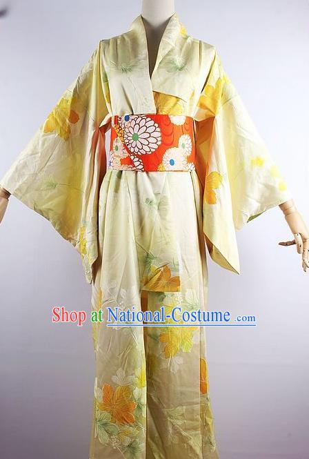 Japanese Ceremony Costume Printing Yellow Silk Kimono Dress Traditional Asian Japan Yukata for Women