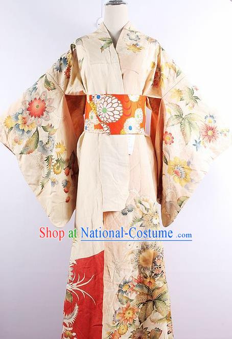 Japanese Ceremony Costume Printing Flowers Silk Kimono Dress Traditional Asian Japan Yukata for Women