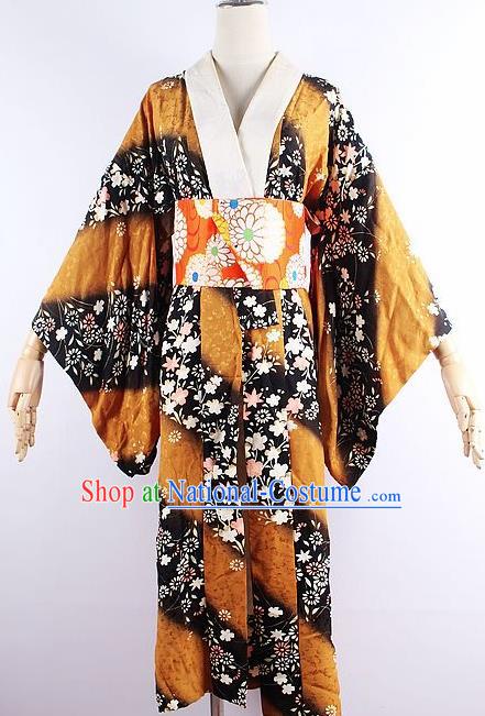 Japanese Ceremony Costume Printing Sakura Ginger Silk Kimono Dress Traditional Asian Japan Yukata for Women