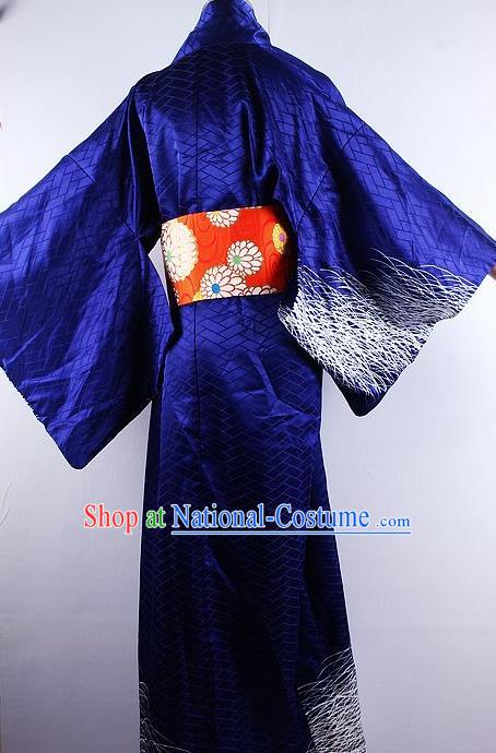 Japanese Ceremony Costume Printing Royalblue Silk Kimono Dress Traditional Asian Japan Yukata for Women