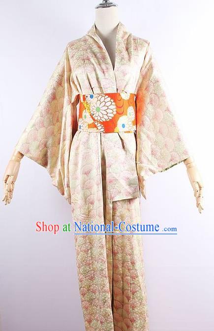 Japanese Ceremony Costume Printing Light Golden Silk Kimono Dress Traditional Asian Japan Yukata for Women