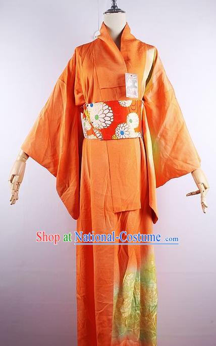 Japanese Ceremony Costume Orange Silk Kimono Dress Traditional Asian Japan Yukata for Women