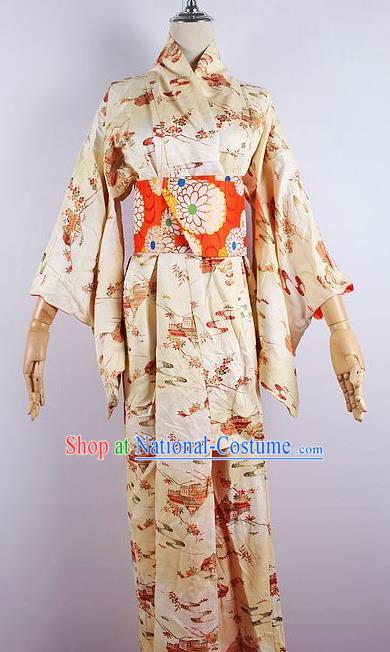 Asian Japanese Ceremony Printing Light Yellow Kimono Dress Traditional Japan Yukata Costume for Women