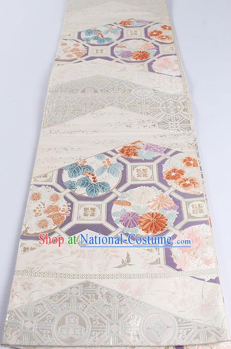 Japanese Classical Daisy Pattern White Waistband Traditional Kimono Brocade Accessories Asian Japan Yukata Belt for Women